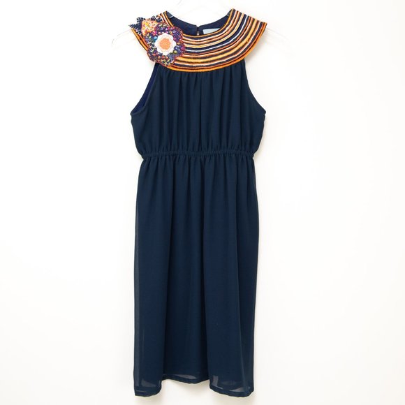 Judith March Dresses & Skirts - Judith March Blouson Dress Flower Appliqué Yarn Neckline Multicolor Blue Medium